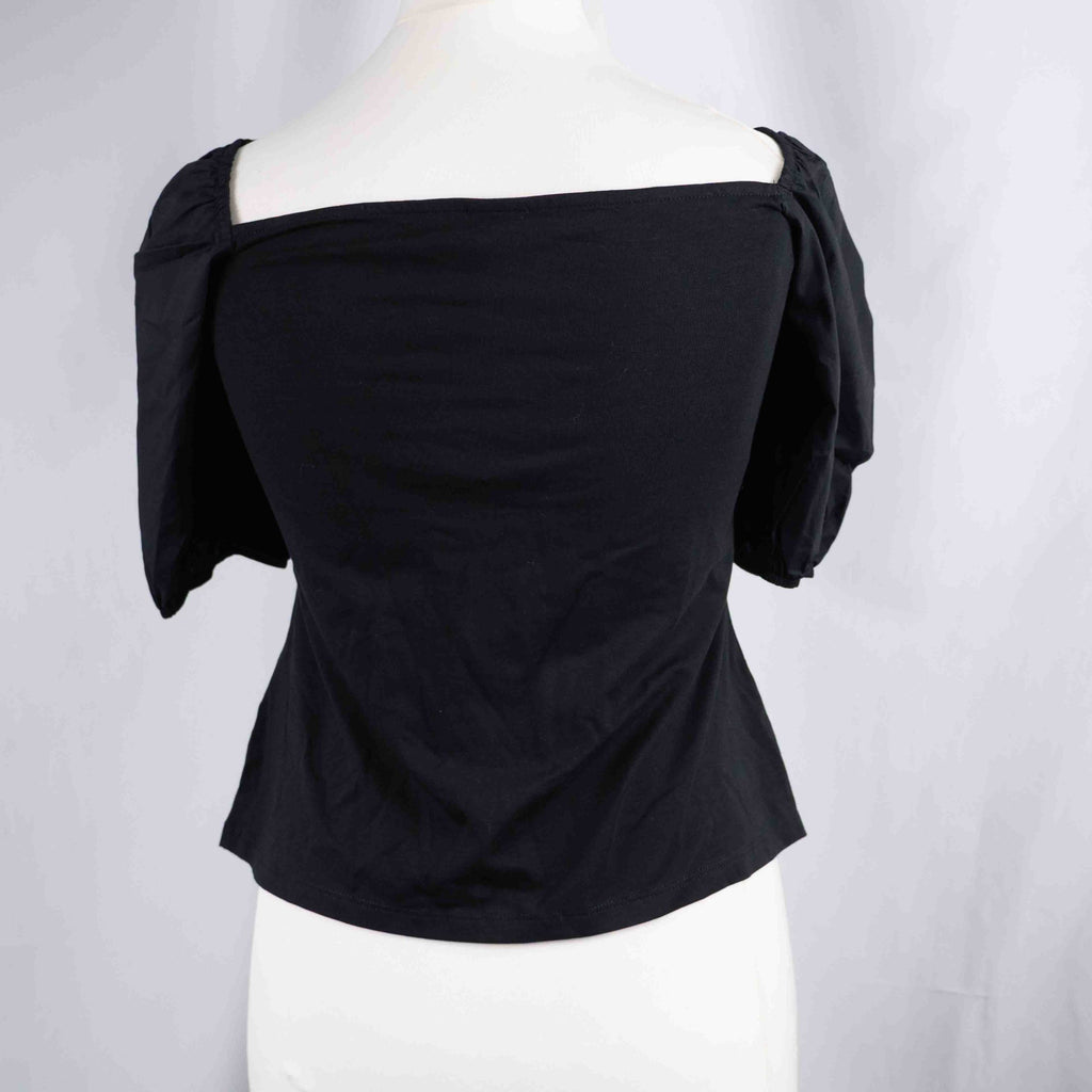 H&amp;M Black Puff Sleeve Top Large Cotton Blend NWT