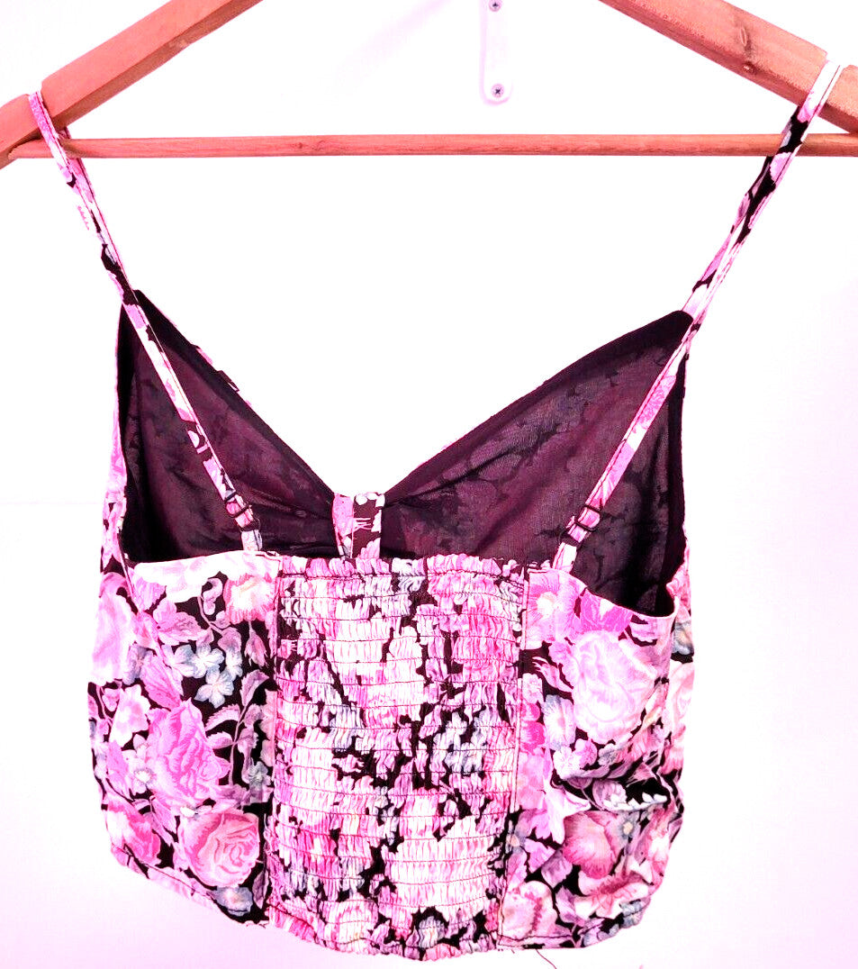 H&amp;M Crop Top UK6 Black/Pink Floral Print Tie Front Detail Spaghetti Straps BNWT