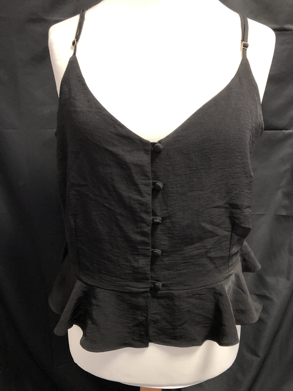 River Island black peplum cami top with button details and adjustable straps.