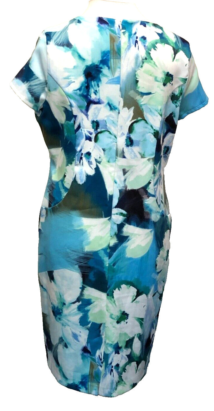 Dress UK16 Blue/Turquoise Floral Print Knee Length Short Sleeve by Nightingales