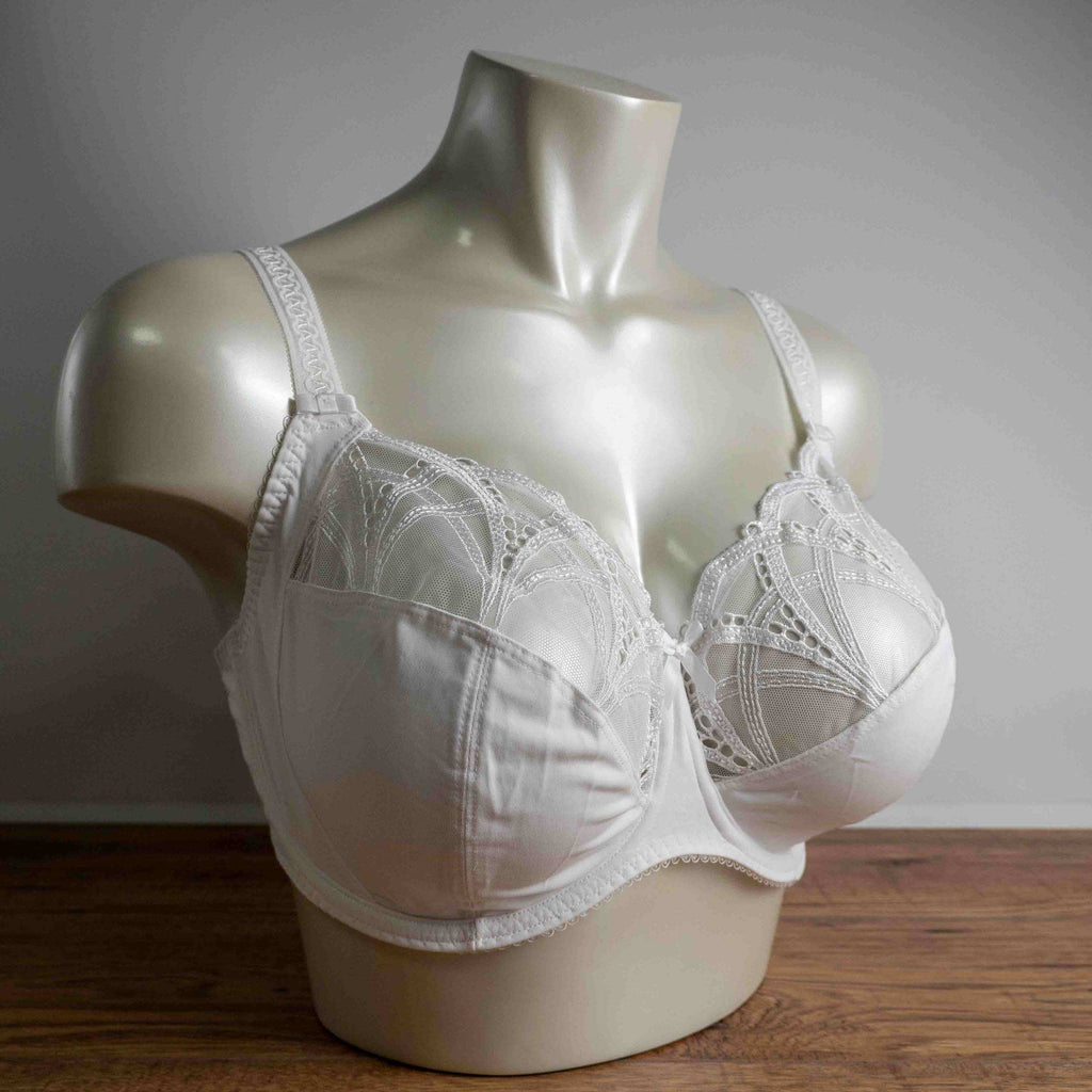 Fantasie white underwire bra with embroidered lace cups and adjustable straps.
