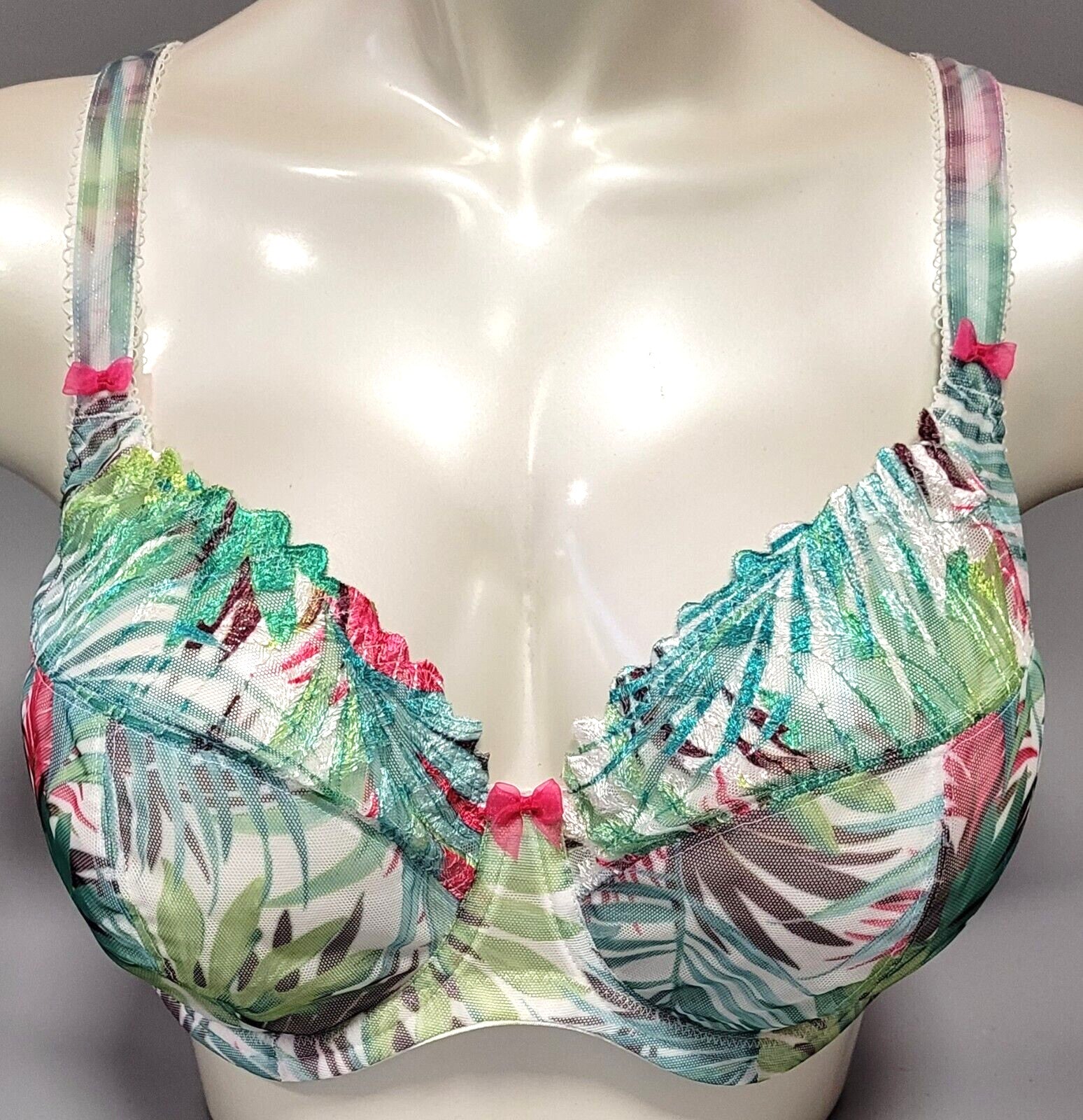 ELOMI Bra 42DD Green Tropical Print Plunge Underwired Kelly EL4330 BNWT