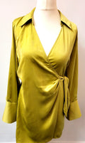 H&amp;M Wrap Dress UK10 Lime/Yellow Satin Mini V-Neck Long Sleeve New with Tags