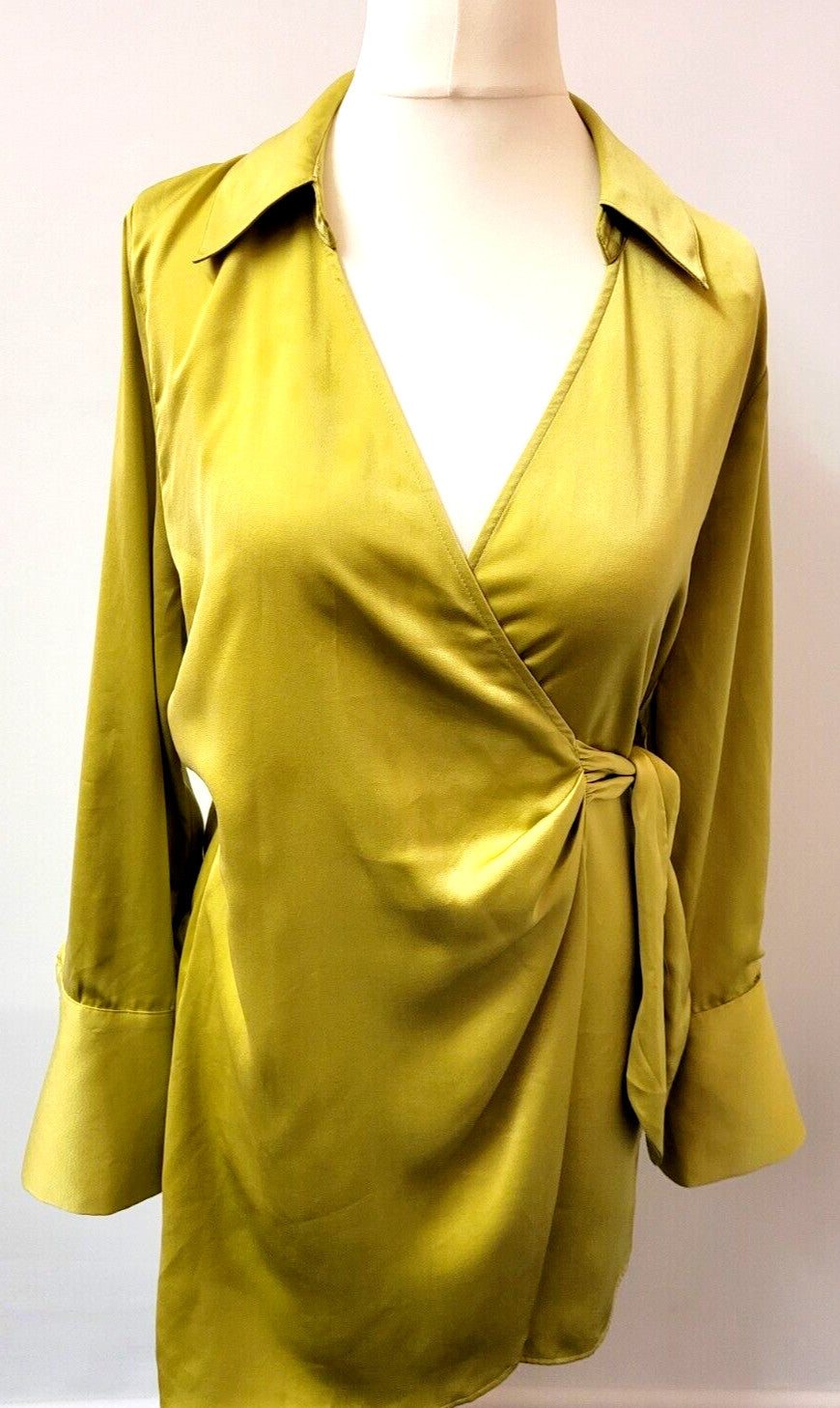 H&amp;M Wrap Dress UK10 Lime/Yellow Satin Mini V-Neck Long Sleeve New with Tags