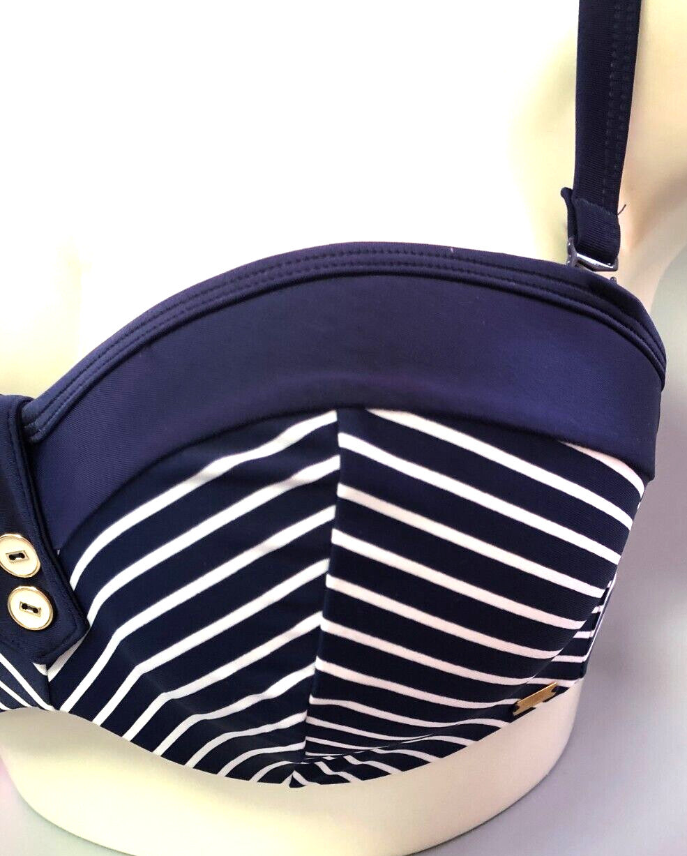 Panache Britt Stripe Bikini Top 34E Navy/White Strapless Underwired SW0923 BNWT