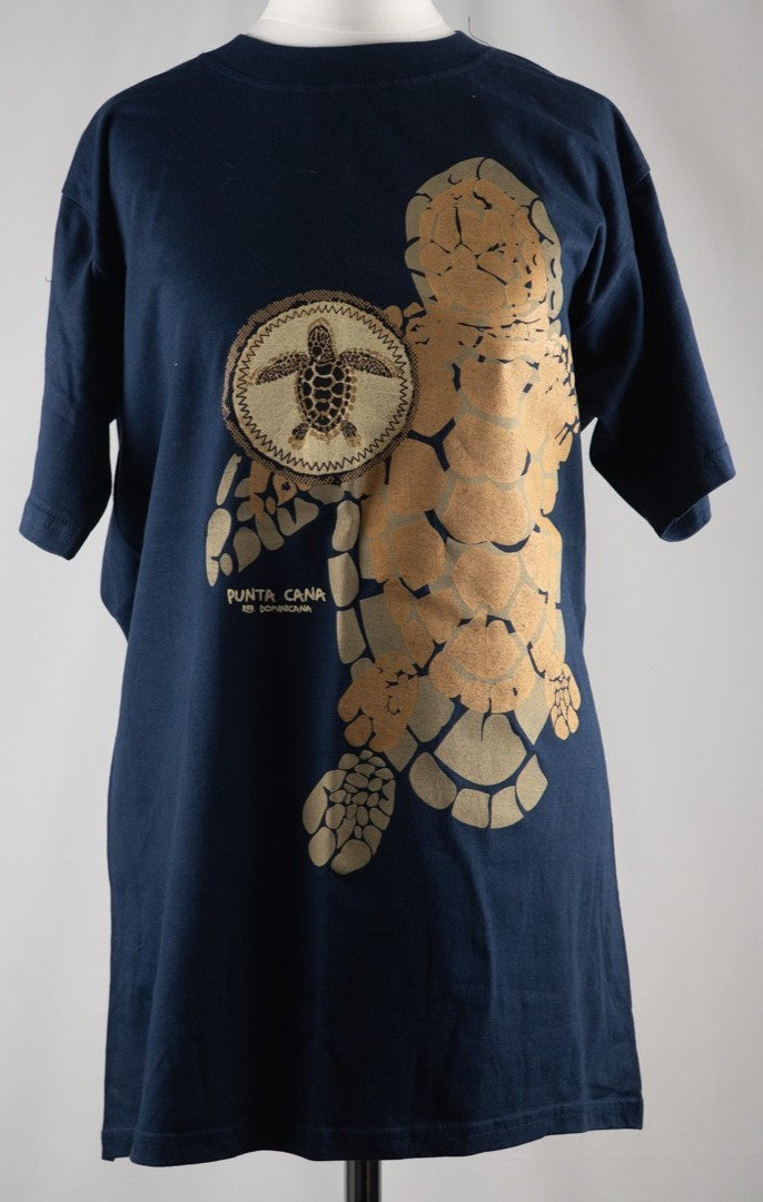 Caribbean Taino blue t-shirt featuring turtle print design on front, short sleeves.