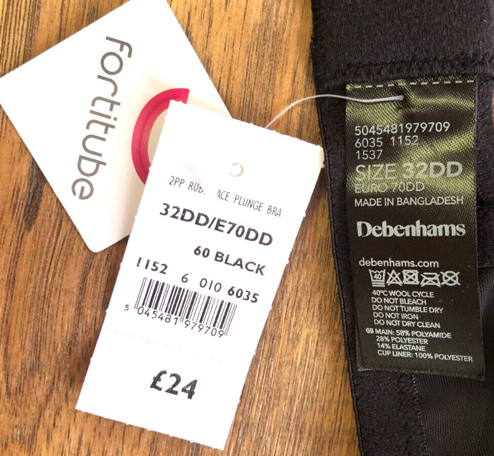 Debenhams Bra 32DD Black Underwired Padded Ruby Lace Plunge BNWT