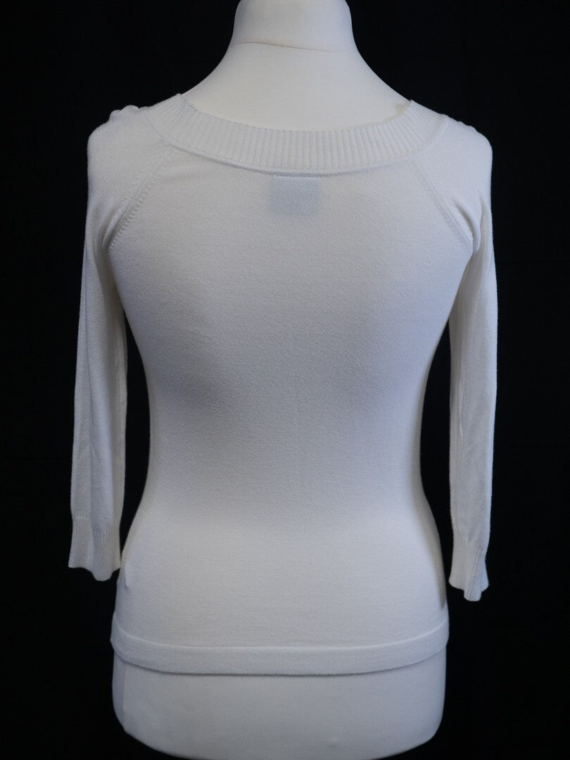 Next Women's Scoop Neck Jumper White/Turquoise UK12 Pre-Owned