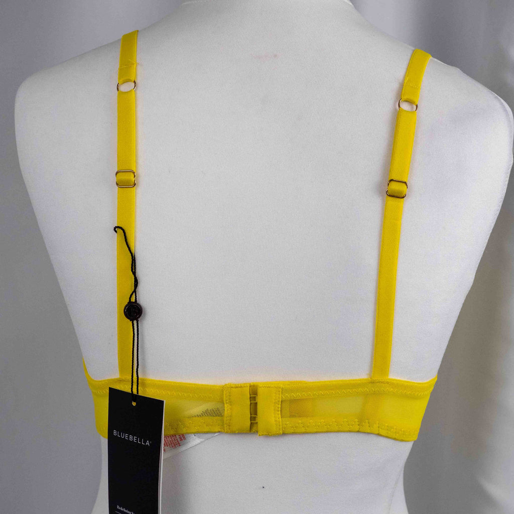 Bluebella yellow sheer lace bra with floral design and adjustable straps, new with tags.