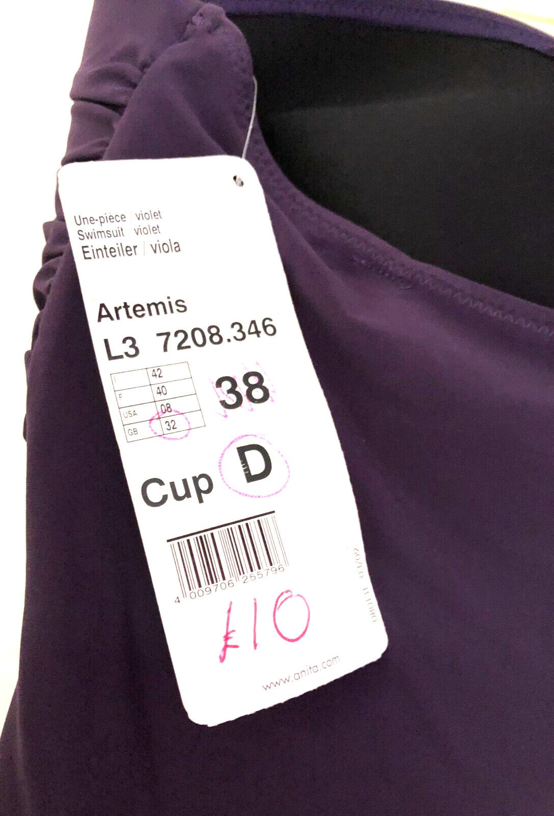 Anita Rosa Faia purple swimsuit fully ruched front, moulded bra, high back, new with tags.