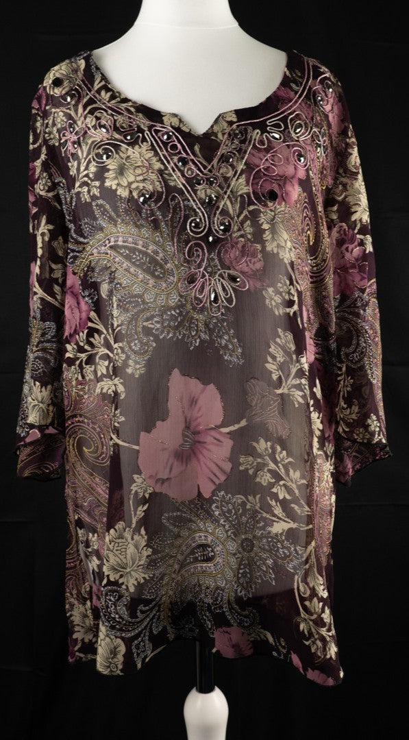 Rijiari purple semi-sheer floral top with beaded pattern and half sleeves.