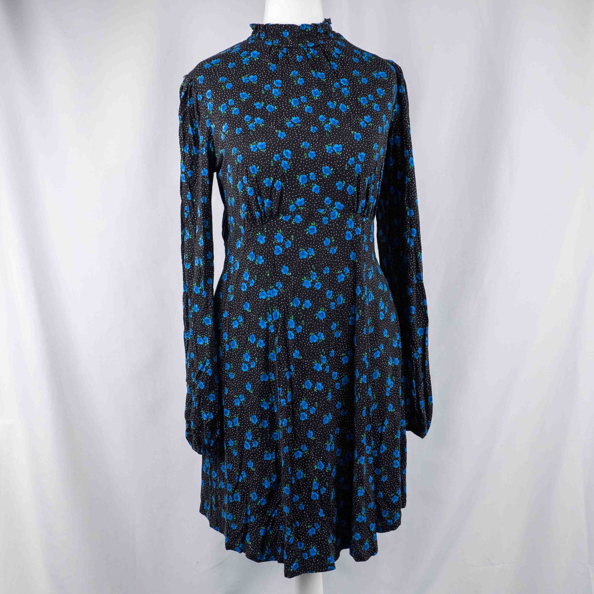 New Look black dress with blue floral print, ruffled high neckline, long sleeves.