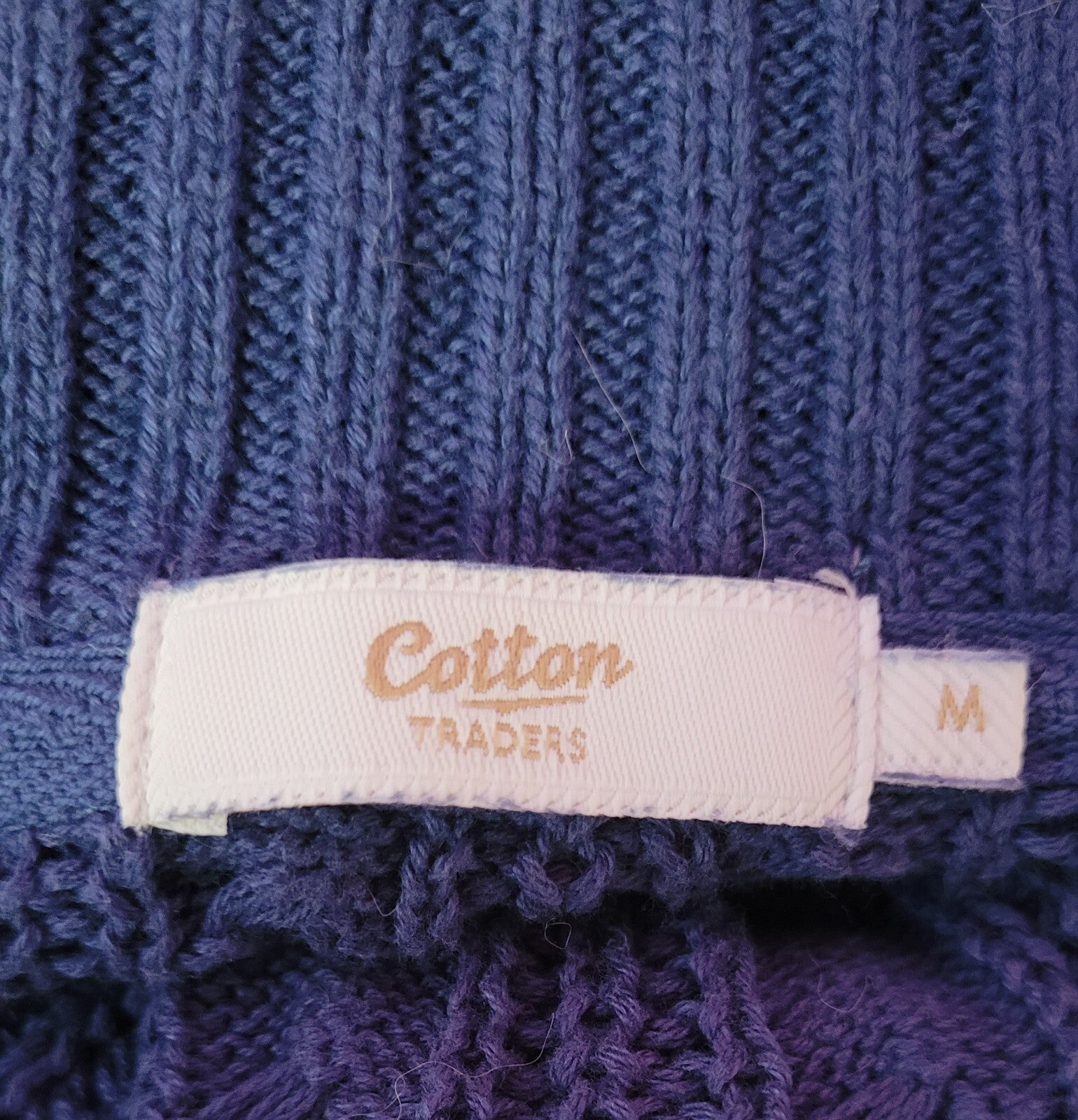 COTTON TRADERS Jumper UK-Medium Blue Turtle Neck Cable Knit  Cotton Pre-Owned
