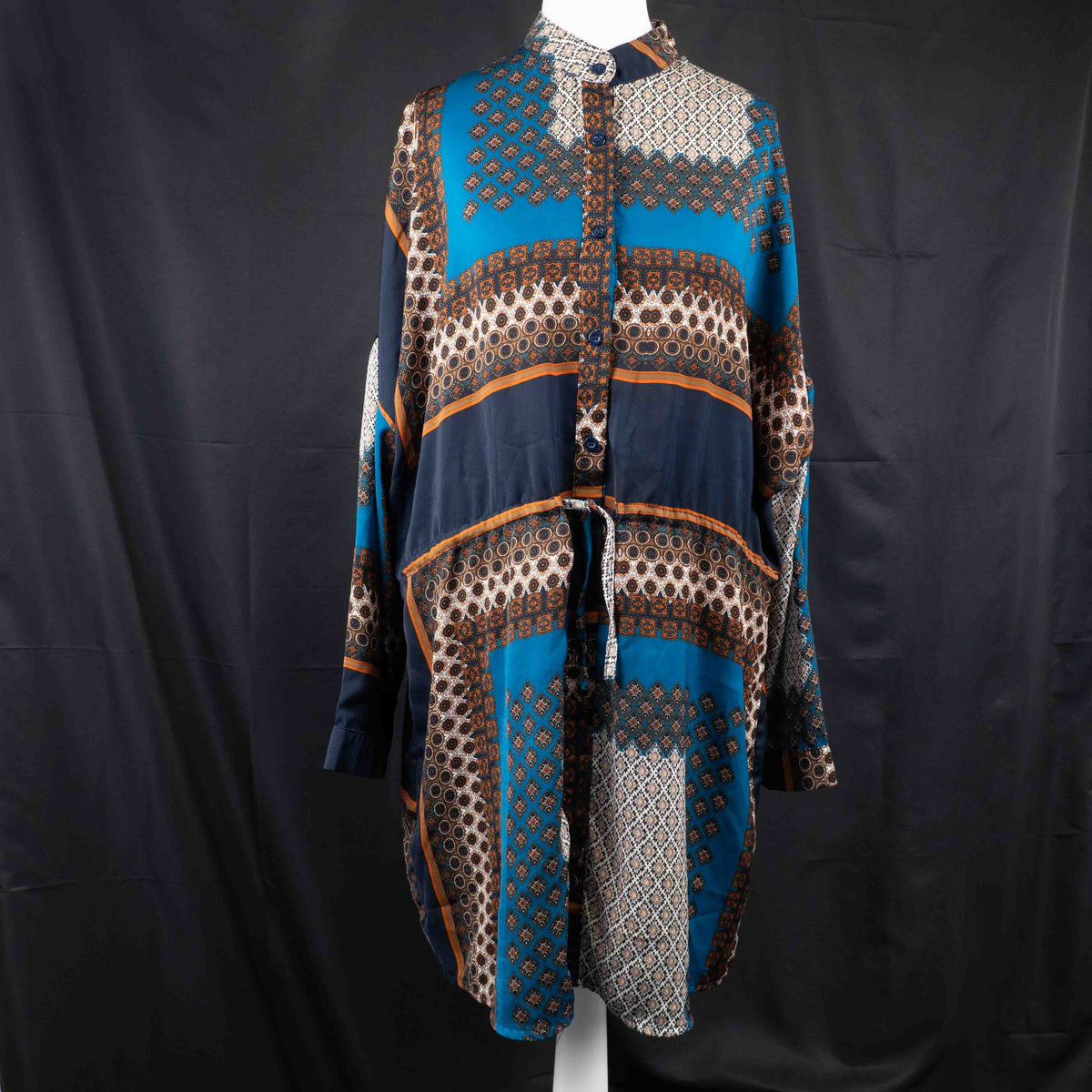 Boohoo women's A-line dress blue brown geometric pattern button-front drawstring waist