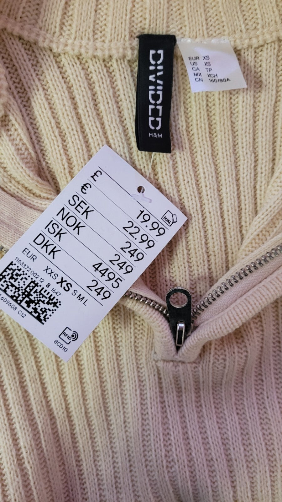 DIVIDED by H&amp;M Jumper XS Cream 1/4 Zip High Neck New with Tags