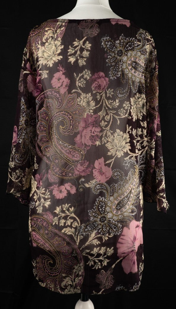 Rijiari purple semi-sheer floral top with beaded pattern and half sleeves.