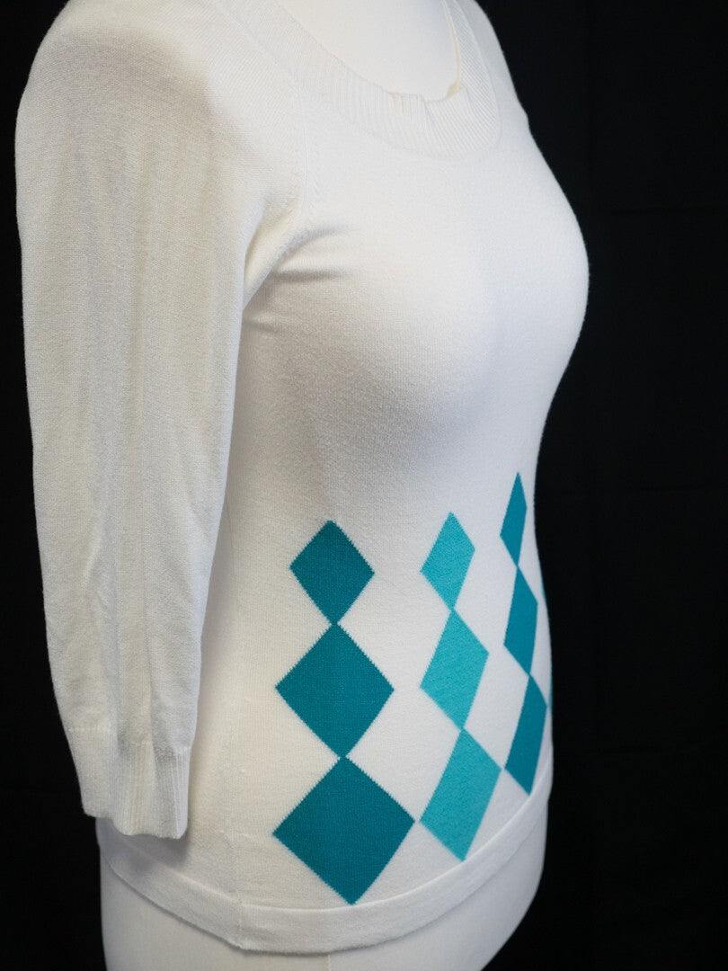 Next Women's Scoop Neck Jumper White/Turquoise UK12 Pre-Owned
