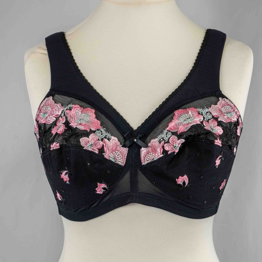 Glamorise black floral bra with pink and white pattern, adjustable straps, non-padded design.