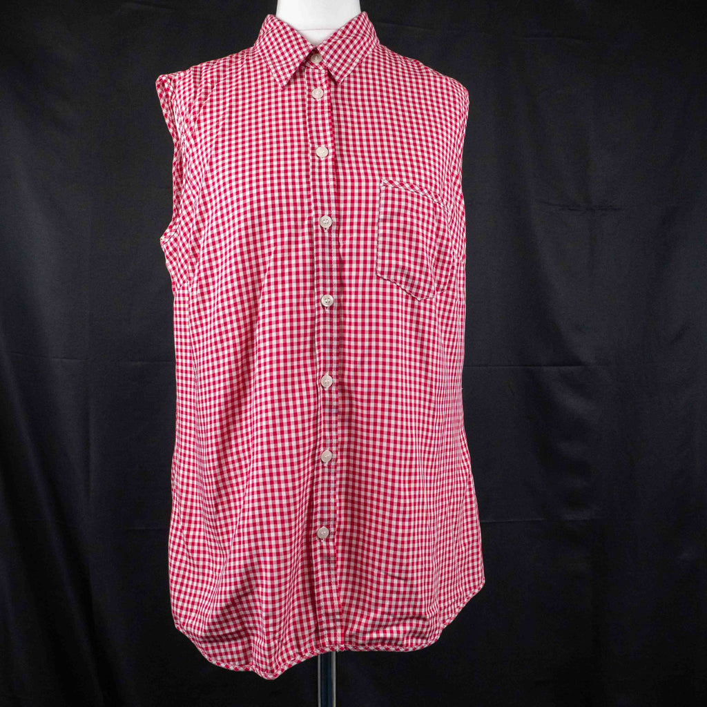 Marks & Spencer red and white gingham sleeveless shirt with classic collar and chest pocket.