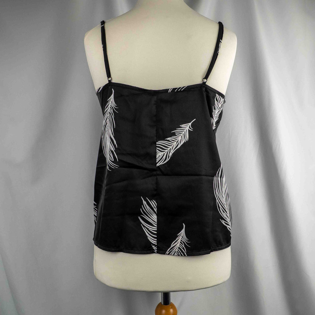 Bluebella loungewear set black with white feather print, adjustable straps, elastic waistband.
