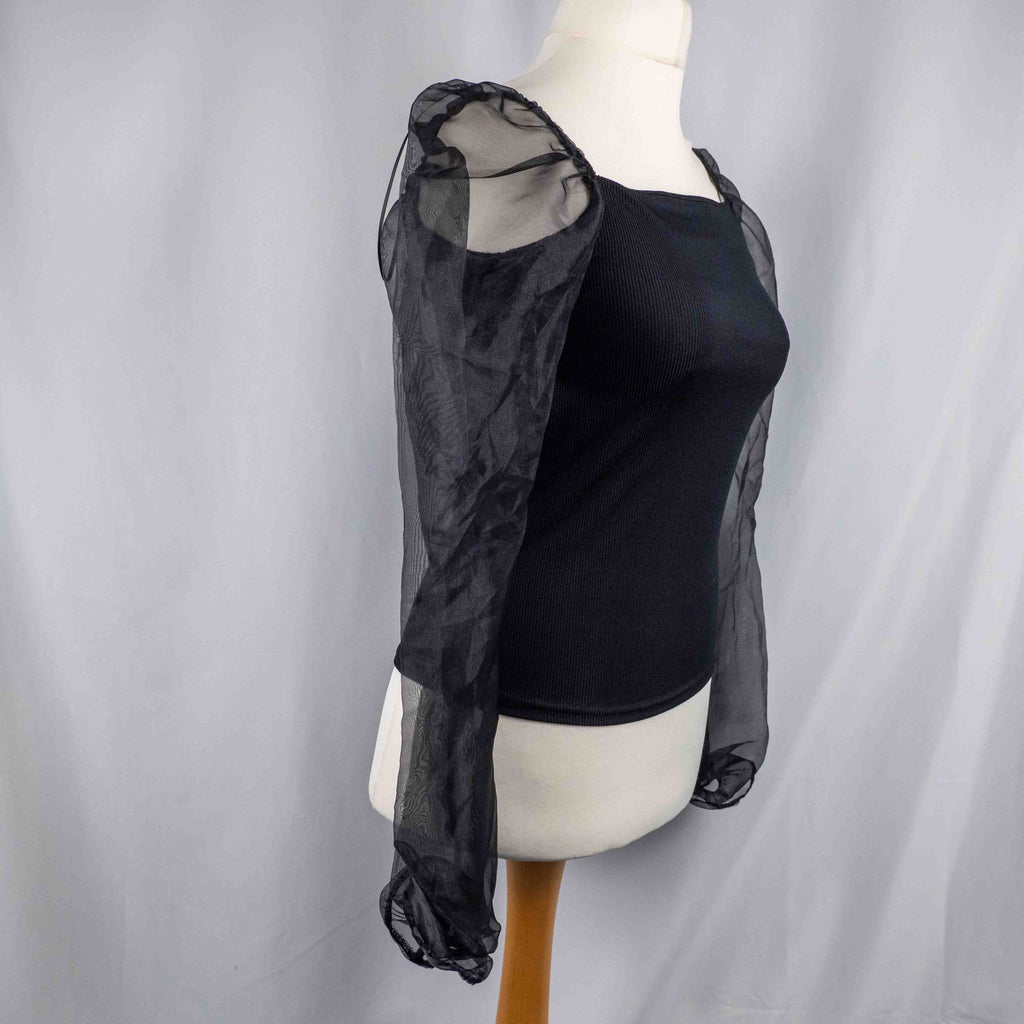 New Look black ribbed top with sheer balloon sleeves, brand new with tags.