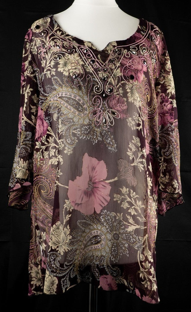 Rijiari purple semi-sheer floral top with beaded pattern and half sleeves.