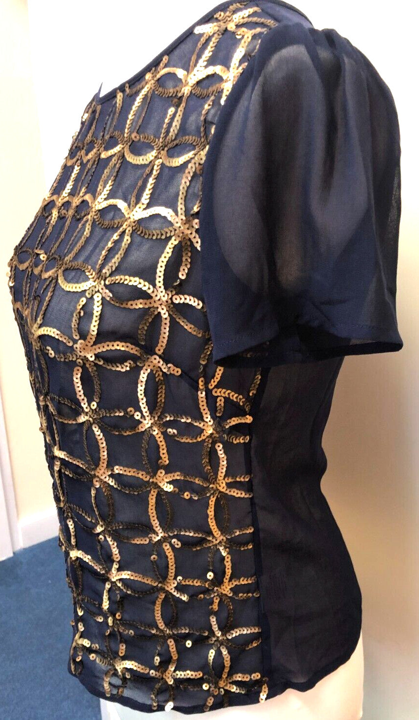 Maison Jules Womens Top Small Navy/Gold Sequined Short Sleeve Round Neck