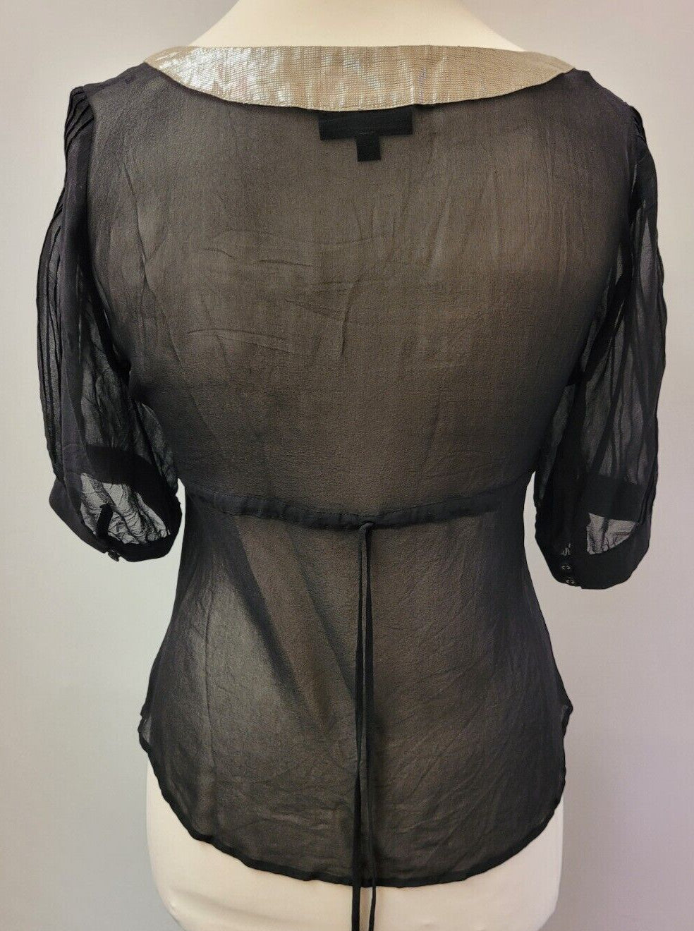 Warehouse Blouse UK10 Black/Silver Scoop Neck Line Sheer Short Sleeve Pre-Owned