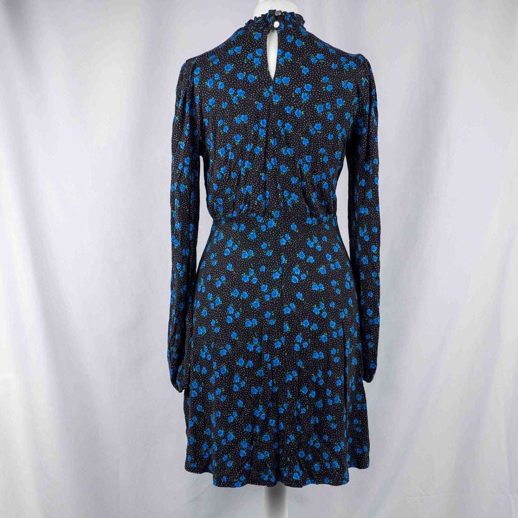 New Look black dress with blue floral print, ruffled high neckline, long sleeves.