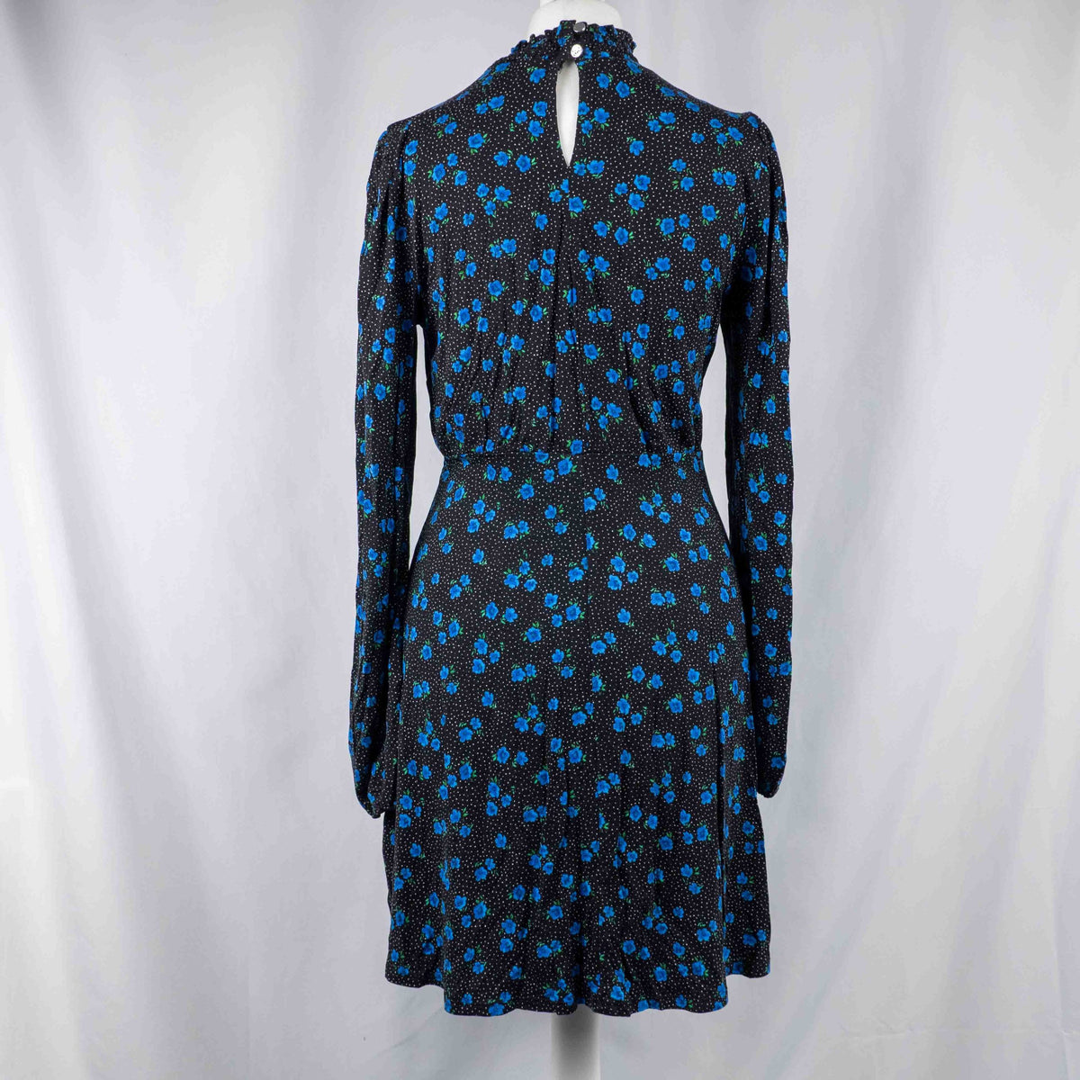 New Look black dress with blue floral print, ruffled high neckline, long sleeves.