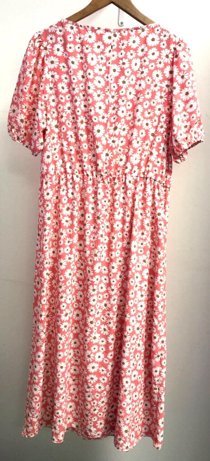 George  Dress UK16 Coral Daisy Print Midi Side Split Square Neck Pre-Owned