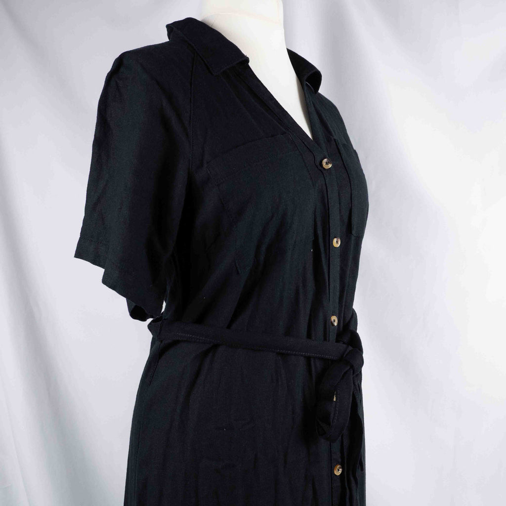 Papaya black shirt dress with button-down front, matching belt, and chest pockets.