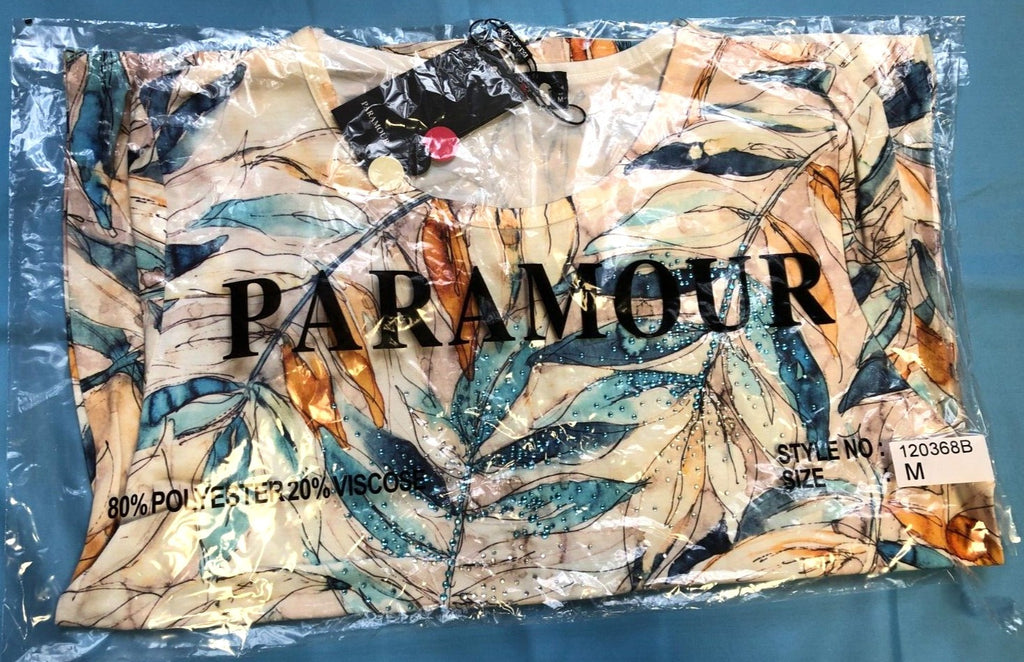 Paramour casual t-shirt multicoloured beige with blue and orange leaf print, gemstone detailing.