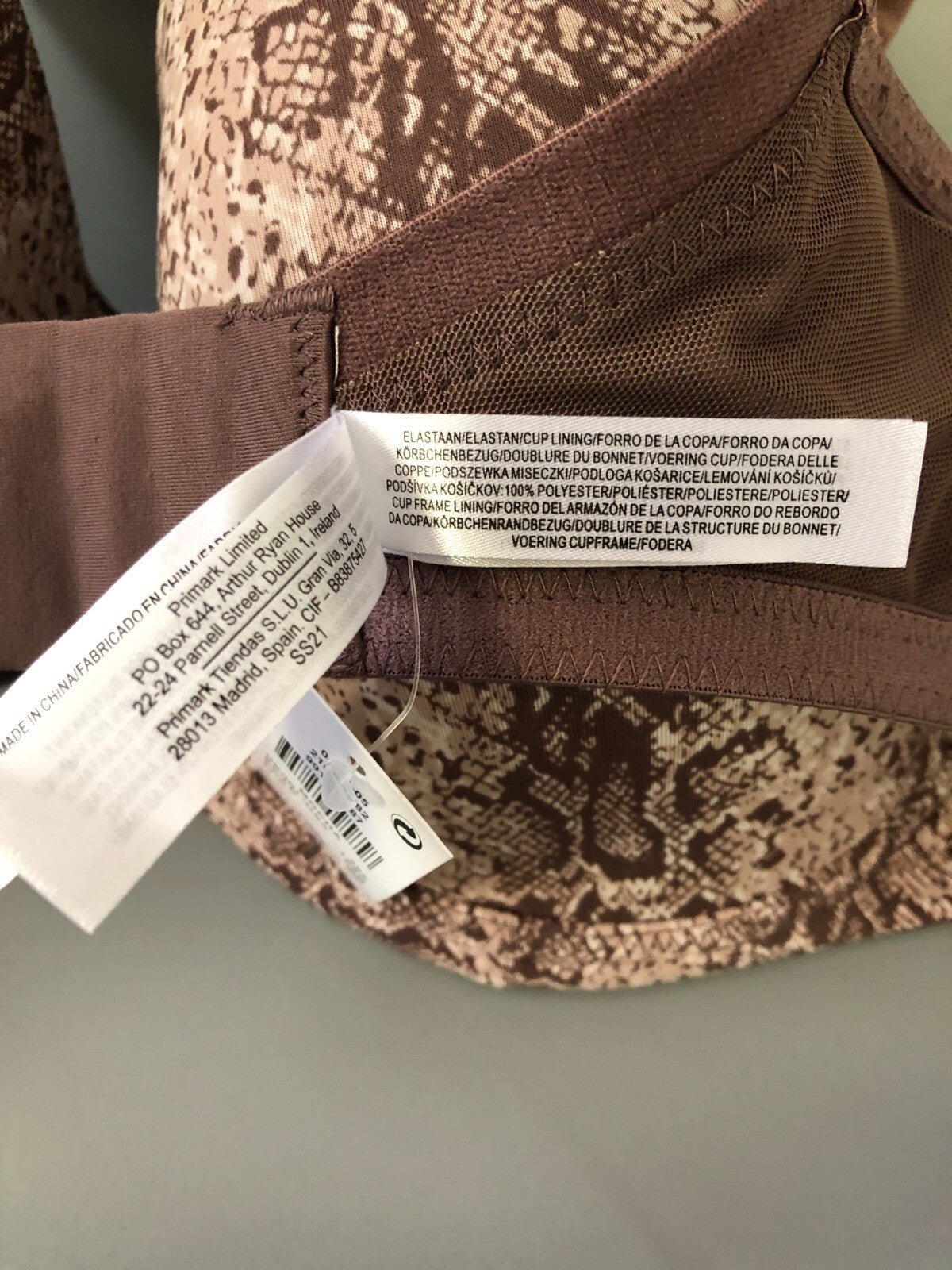 Primark Brown Print Underwired 38F Bra New With Tag