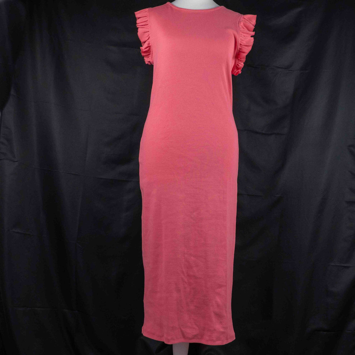 Papaya pink midi dress with ruffle sleeves and soft ribbed knit fabric.