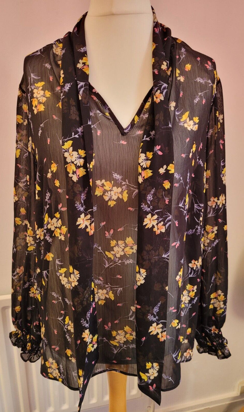 Papaya Blouse UK14 Black/Multi Floral Print Semi-Sheer Long Sleeve Pre-Owned