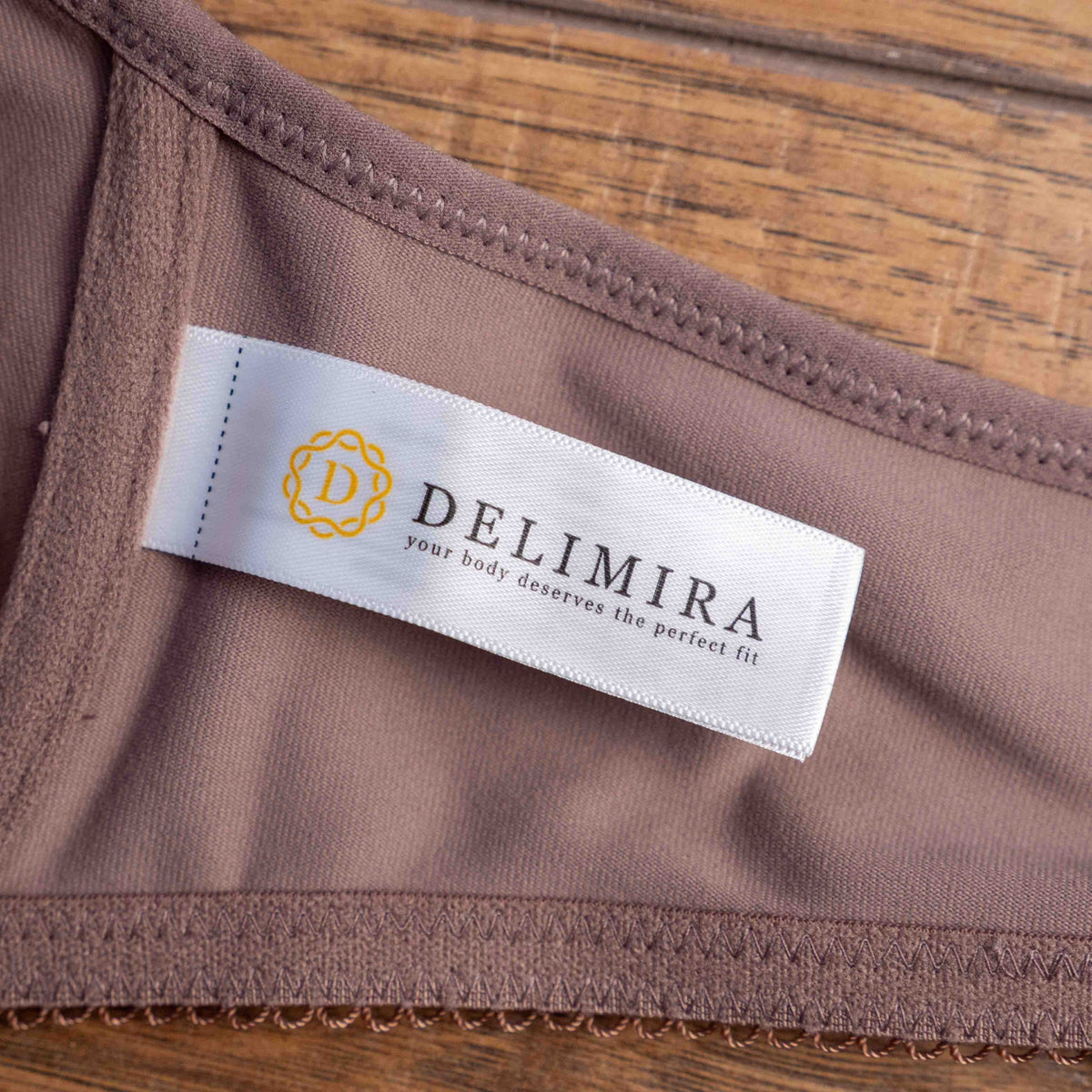 DELIMIRA brown medium bra with front closure clasp and adjustable straps in soft fabric.