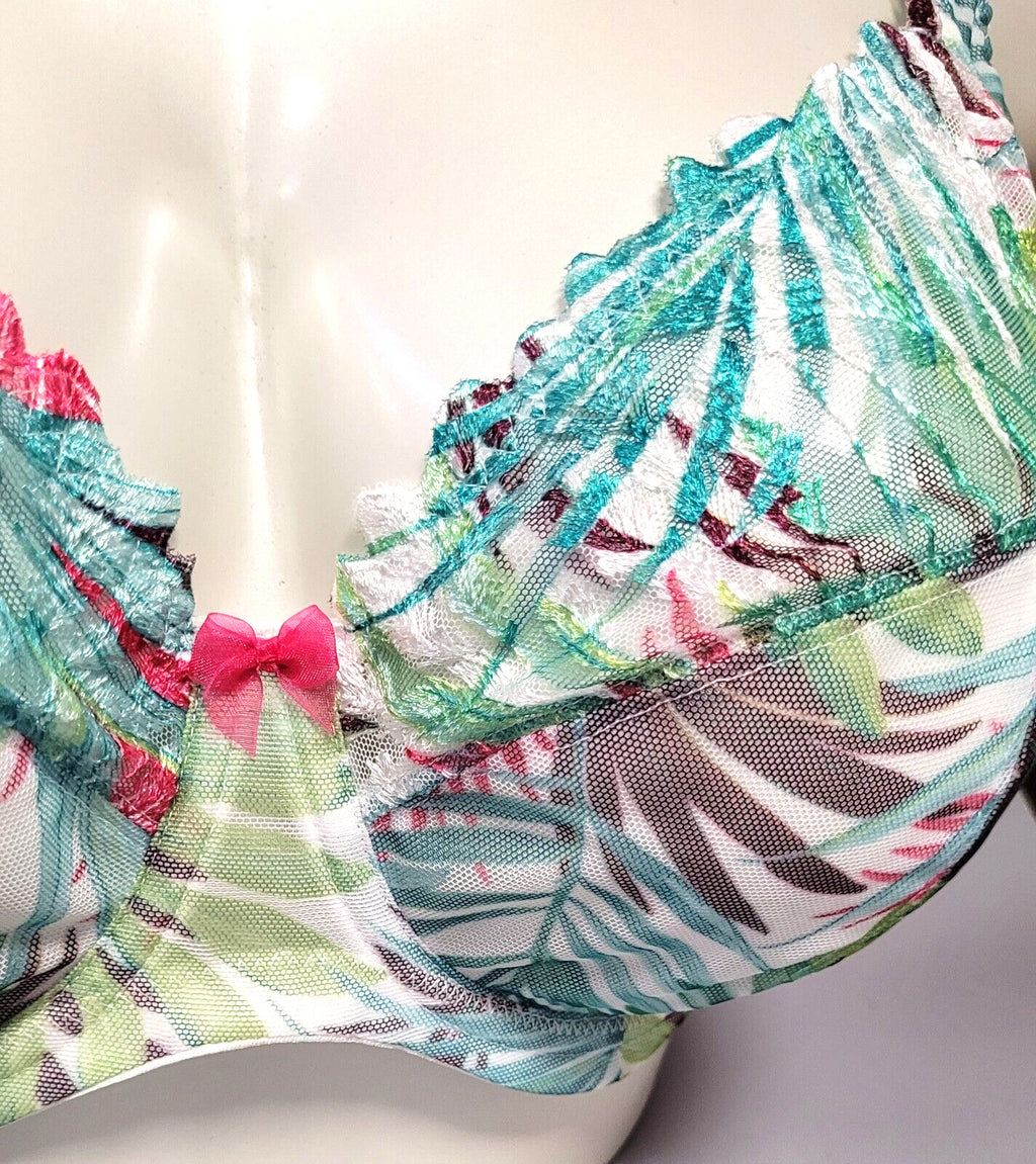 ELOMI Bra 42DD Green Tropical Print Plunge Underwired Kelly EL4330 BNWT