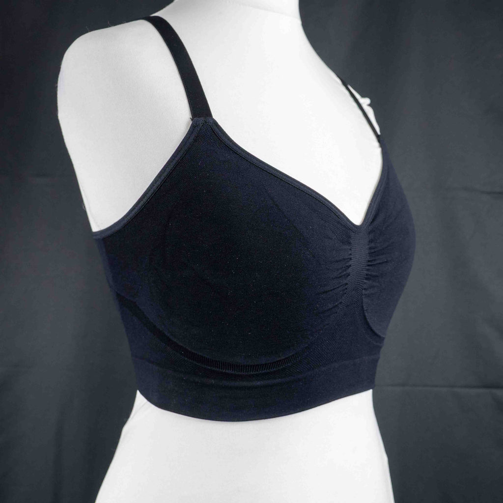 Dyversa black seamless bra with ruched center detail and adjustable straps.