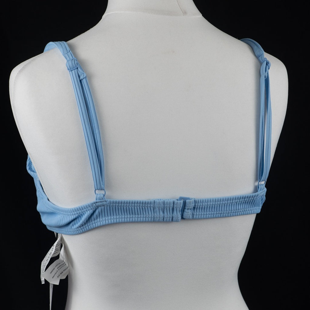 Bershka blue bikini top with line pattern, underwired, padded, and back buckle closure.