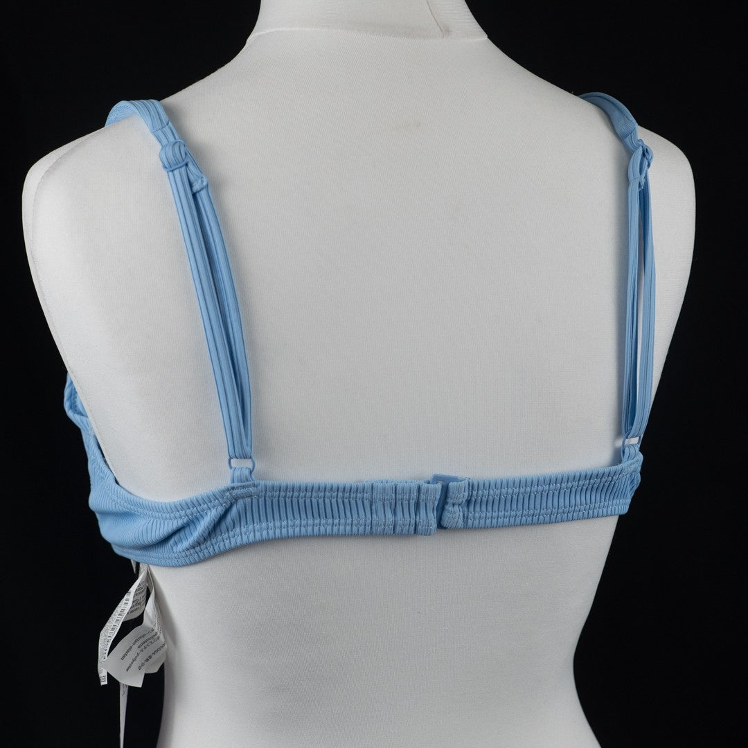 Bershka blue bikini top with line pattern, underwired, padded, and back buckle closure.
