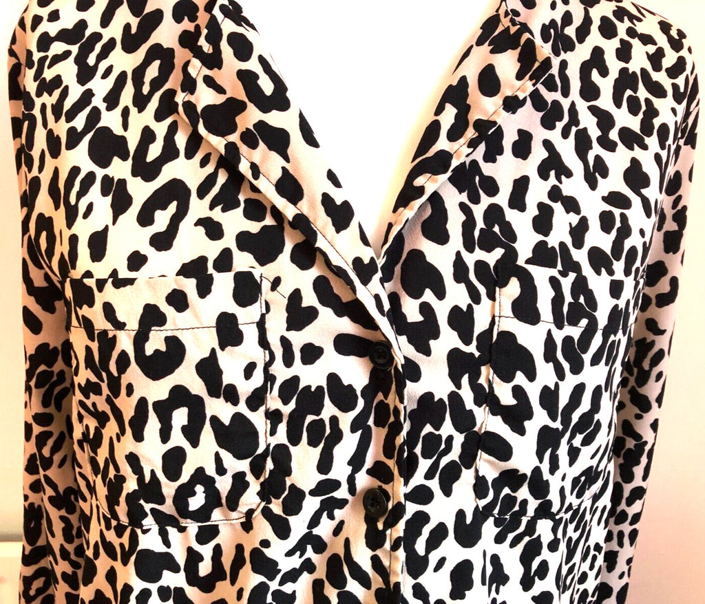 Boohoo Top UK10 Cream/Black Leopard Print Button Through Long Sleeve New