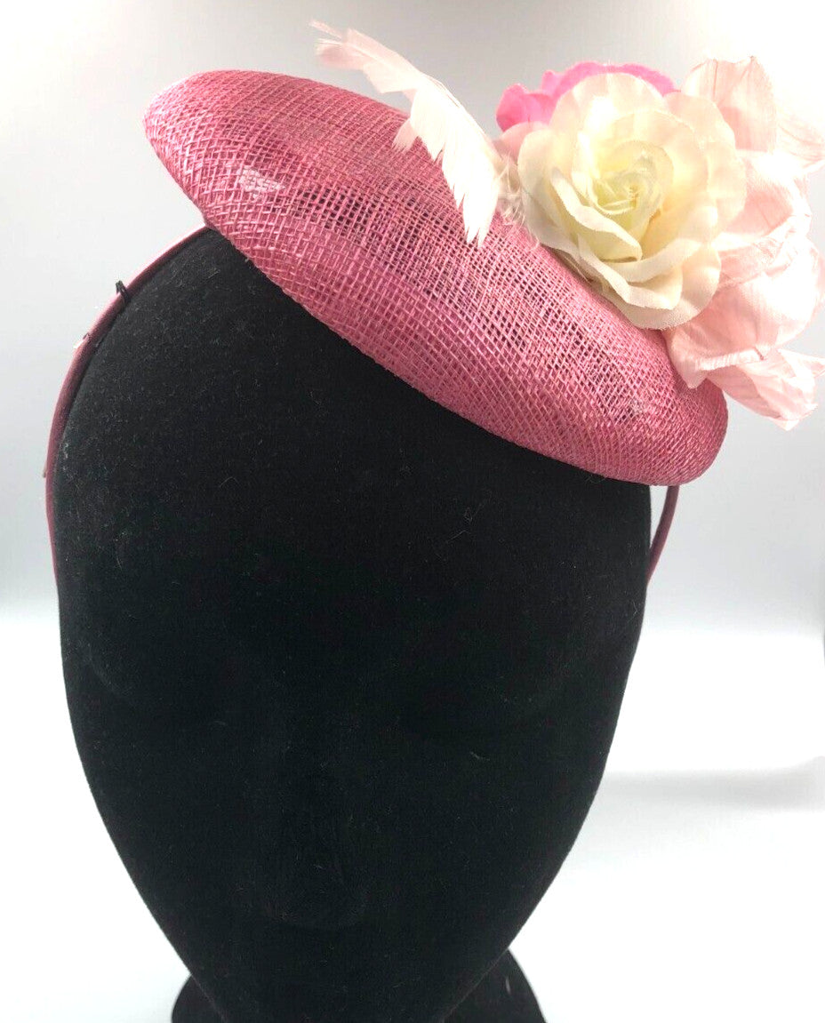 Fascinator Pink and White Flowers and Feather Detailing on Band BNWT