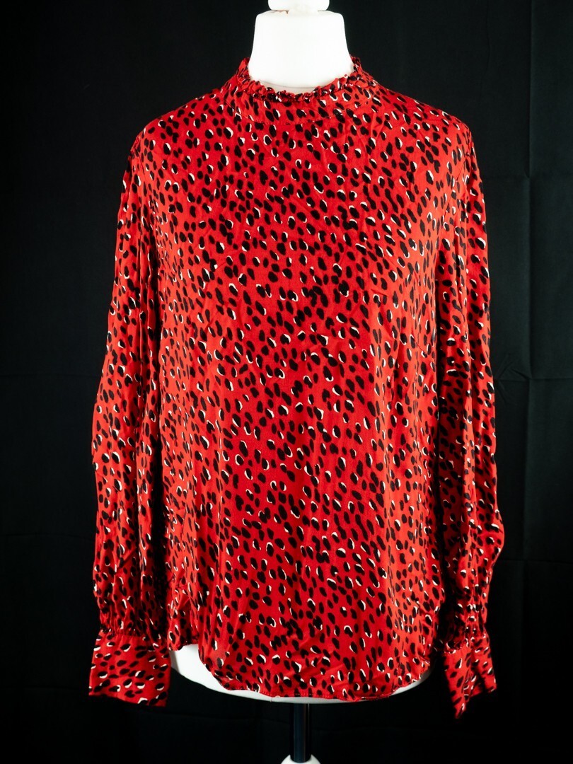 New Look red blouse with black accents, high neck, single button, 100% viscose.