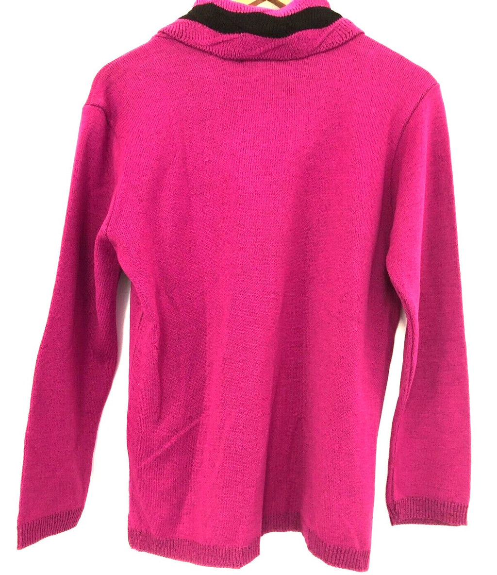 Monique pink crewneck sweater with mock scarf detail and toggle fastening.