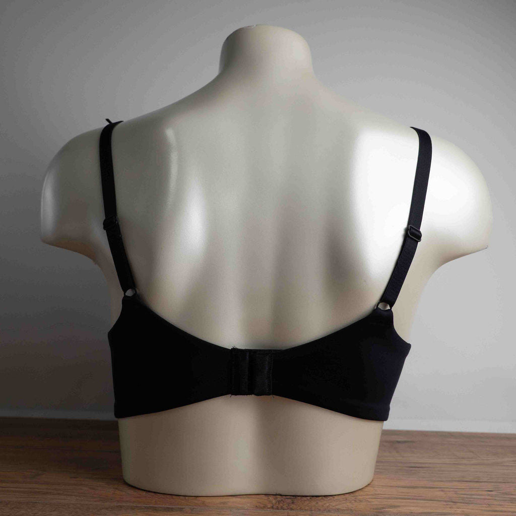 John Lewis black lace trim bra with underwire support and elegant lace detailing.