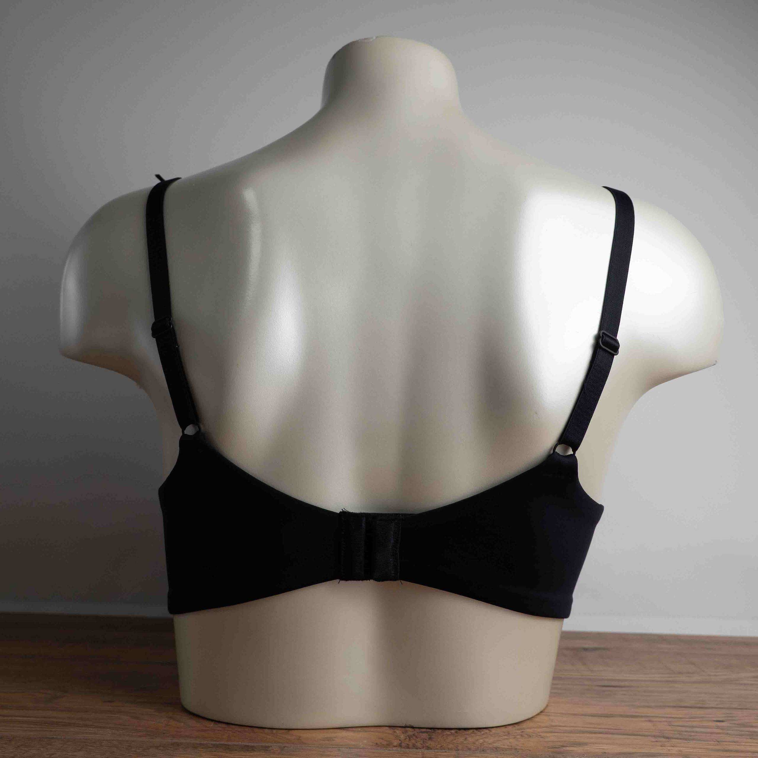 John Lewis black lace trim bra with underwire support and elegant lace detailing.