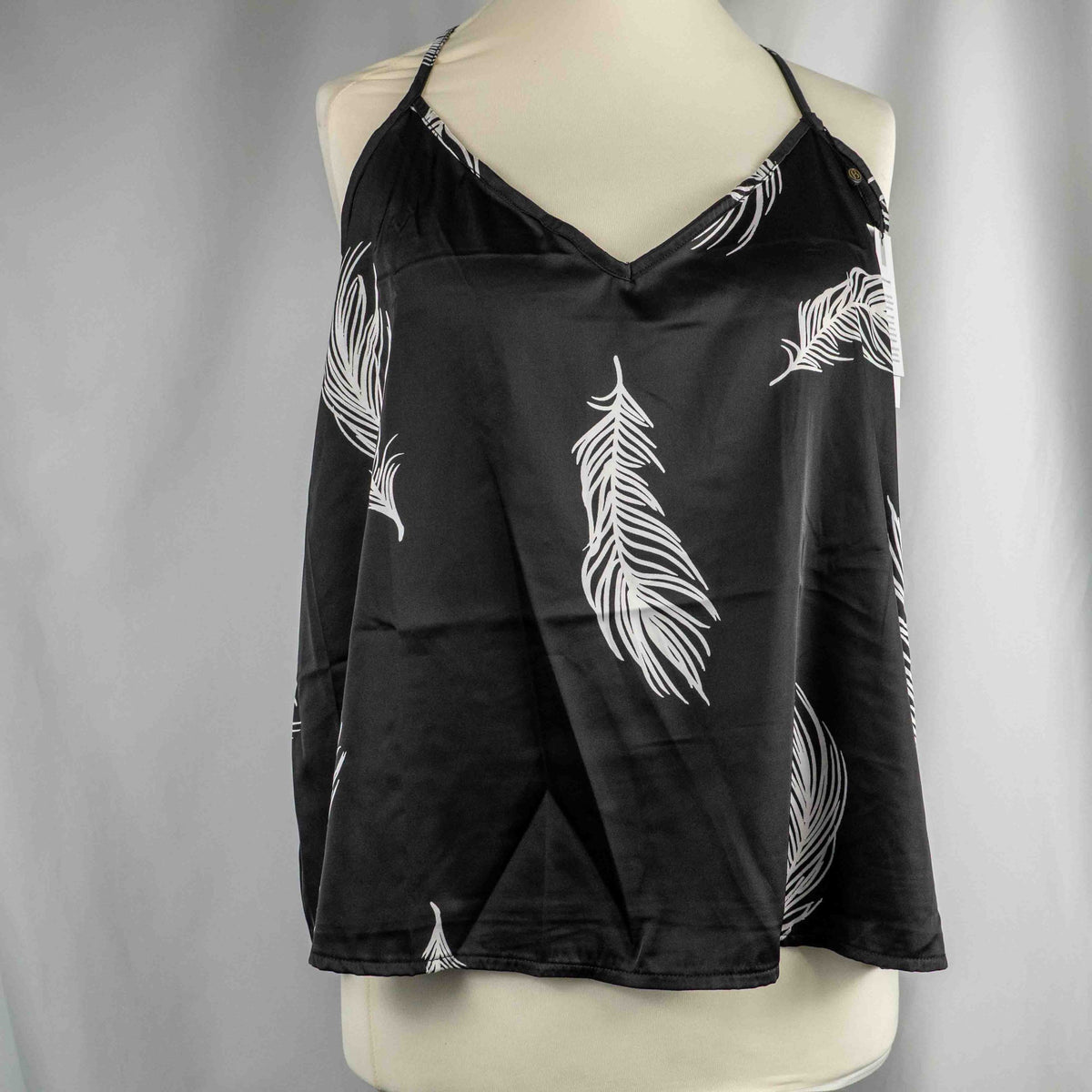 Bluebella loungewear set black with white feather print, adjustable straps, elastic waistband.