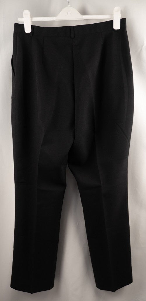 For Women black trousers size 16 with pull-up button closure and front pockets.