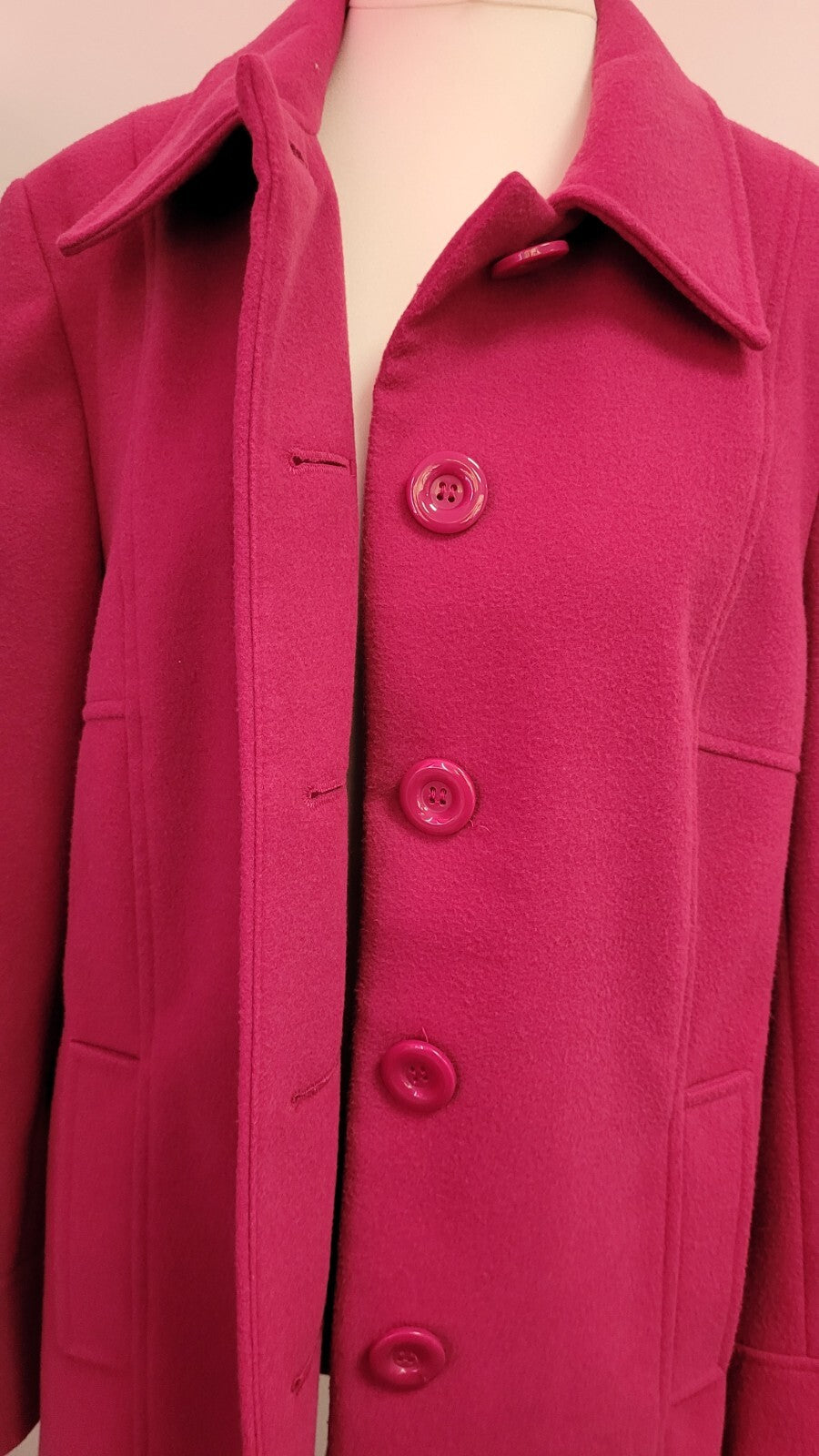 EWM Coat UK16 Raspberry Button Through Collared Mid Length Pre-Owned